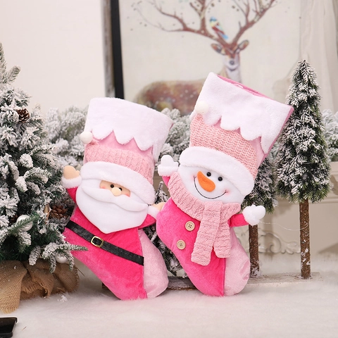 Pinke Weihnachtssocke Plüsch Gestrickt Weihnachtsmann Schneemann Große Xmas Geschenktüte Süßigkeitenbeutel Holiday Party Home Deko