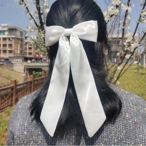 Large Bow Hair Clip With Long Streamers Satin Fabric Solid Color Korean Style Duckbill And Spring Clips For Women Girls