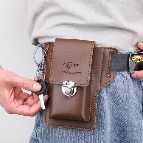 Men Cell Phone Waist Bag PU Leather Multi-Functional Belt Loop Holster Pouch With Key Hook Metal Buckle Vintage Style