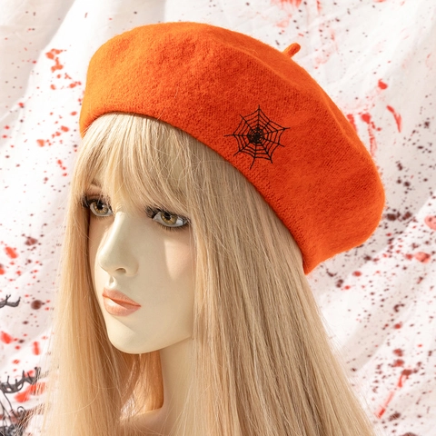 Spider Web Embroidery Beret Hat Halloween Gothic Style Acrylic Wool Felt Casual Headwear For Women