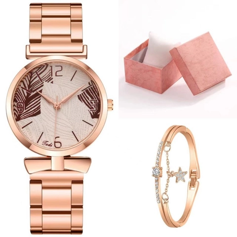 Orologio Al Quarzo Da Donna E Bracciale Con Ciondolo A Stella Moda Oro Rosa Motivo Foglia Di Palma Elegante Accessorio