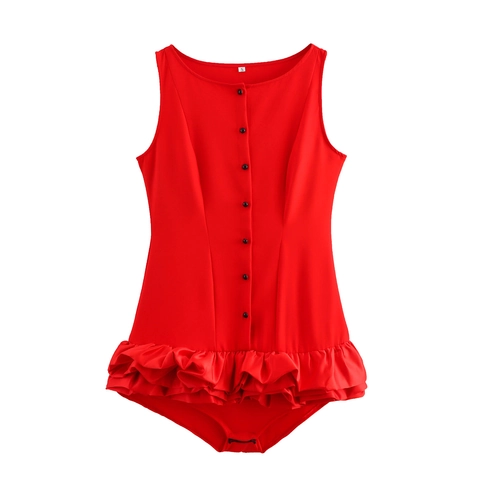 Women Sleeveless Round Neck Ruffle Romper Polyester Solid Red High Waist Layered Mini Dress With Buttons