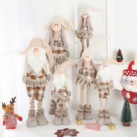 Christmas Gnome Plush Doll Retractable Legs Knit Plaid Standing Telescopic Nordic Handmade Xmas Party Home Decor