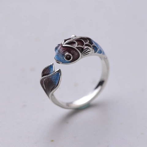 Vintage Koi Vis Lotus Open Ring Verstelbaar Legering Koper Emaille Sieraden Voor Dames Oosterse Chinese Stijl