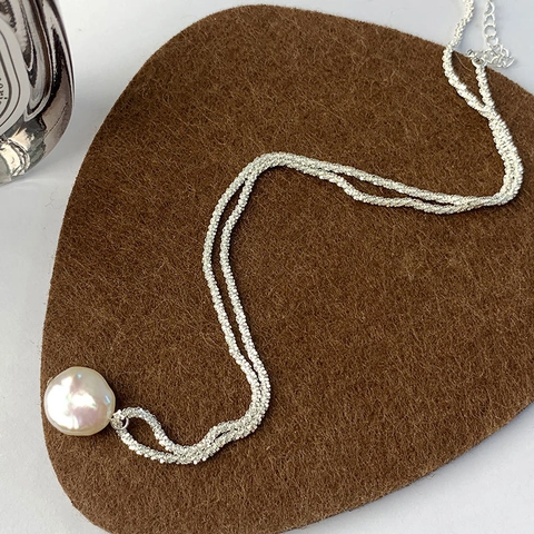 Lussuosa Collana Con Ciondolo in Perla Artificiale Barocca in Argento Sterling 925 Catena Scintillante Gioielli Eleganti Minimalisti Donna
