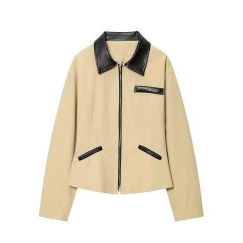 Chaqueta Casual Mujer Lona Algodón Y PU Cuero Contraste Patchwork Streetwear Cremallera Retro Cuello Vuelto Ropa De Abrigo