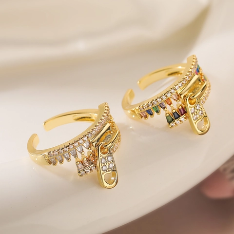 Zipper Design Adjustable Opening Ring Copper Gold Plated Zirconia Geometric Fashion Jewelry For Women
