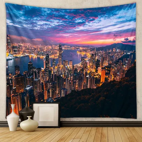 Arazzo Da Parete Con Paesaggio Urbano Notturno In Tessuto Poliestere Panno Di Sfondo Per Decorazione Camera Da Letto Soggiorno