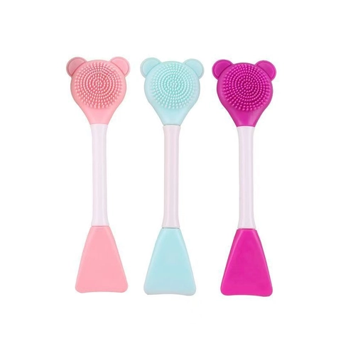 Dual Ended Facial Cleansing Brush Silicone Mask Applicator Long Handle Bear Shape Massage Face Scrubber Tool
