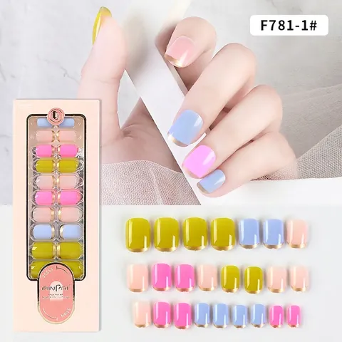 Uñas Postizas De Presión Estilo Francés Color Macarrón Coffin Cuadrado Uñas Artificiales Desmontables Manicura DIY Mujer