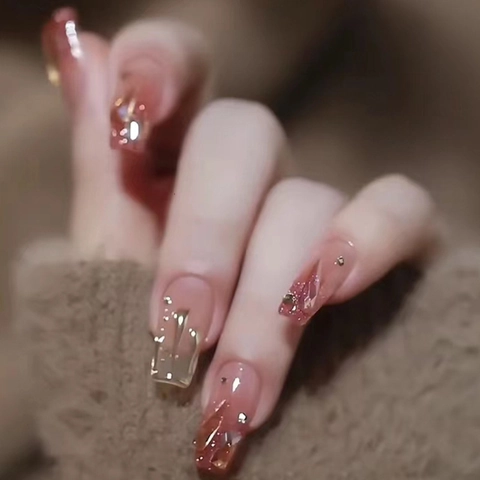 Press On Nägel Verlauf Rosa Mittellang Sarg Falsche Nägel Mit Straß Glitzer Silber Fluid Linie Elegant Damen