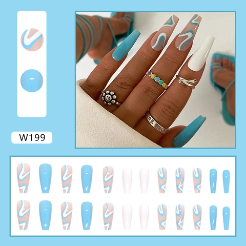 Lange Coffin Press On Nägel Blau Weiß Wellenmuster Glänzend Künstliche Falsche Nägel Für Frauen Sommer Stil