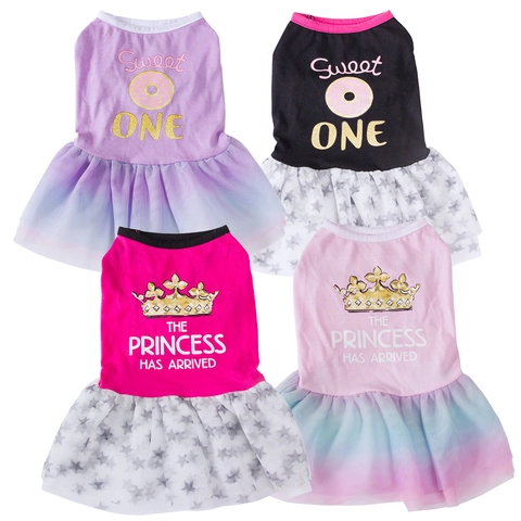 Pet Dog Cat Dress Princess Style Tutu Tulle Layered Mesh Skirt Cotton Vest Crown Donut Print Puppy Clothing