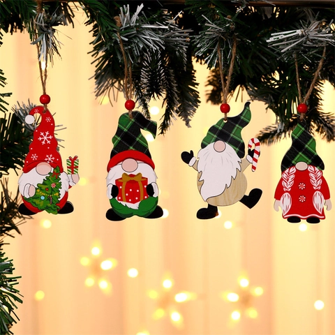Christmas Gnome Wooden Hanging Ornaments Faceless Old Man Painted Plaid Design Festive Tree Holiday Decor
