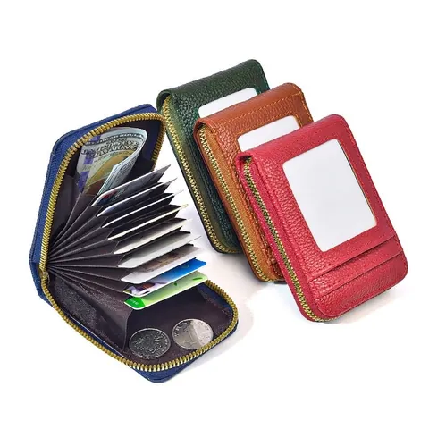 Porta Carte Con Cerniera In Pelle PU Trama Lichi Blocco RFID Con Finestra ID Portafoglio Piccolo Minimalista Per Donna