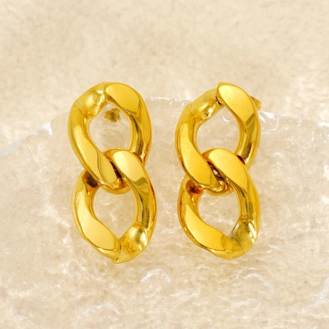 Double Interlocking Link Dangle Earrings 18K Gold Plated Stainless Steel Geometric Retro Minimalist Fashion Jewelry For Women