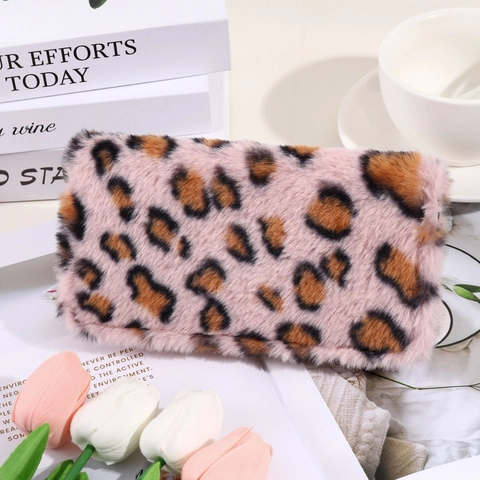 Luipaardprint Faux Fur Pluche Portemonnee Ritssluiting Meerdere Kaartsleuven Modieuze Draagbare Clutch Tas Voor Dames