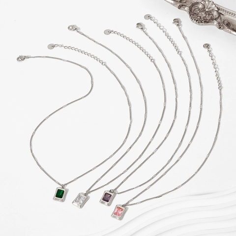 Vintage Stainless Steel Pendant Necklace With Rectangular Zircon For Women Gold Plated Retro Geometric Jewelry Gift