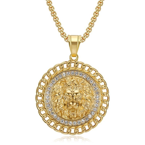 Collana Con Ciondolo A Testa Di Leone Acciaio Inossidabile Placcato Oro Hip Hop Iced Out Strass Medaglione Gioielli Uomo
