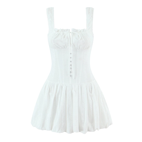 Damen Weißes Spitze Mini Kleid Sexy Korsett Bustier Top Trägerkleid Puffiger Rock Süß Lolita Sommer Mode
