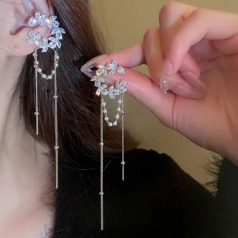 Boucles D'oreilles Ear Cuff Longs Pompons En Forme De C Elégantes Fleurs En Zircon En Cuivre Avec Künstliche Perles Sans Perçage