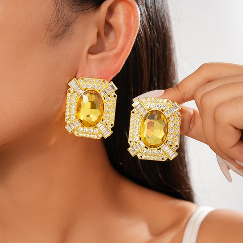 Orecchini Quadrati Geometrici In Stile Palazzo Vintage Con Pietra Preziosa Gialla Lega Strass E Perno In Argento Sterling 925