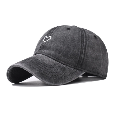 Washed Cotton Baseball Cap With Heart Embroidery Vintage Distressed Sun Protection Hat For Men Women Outdoor Adjustable