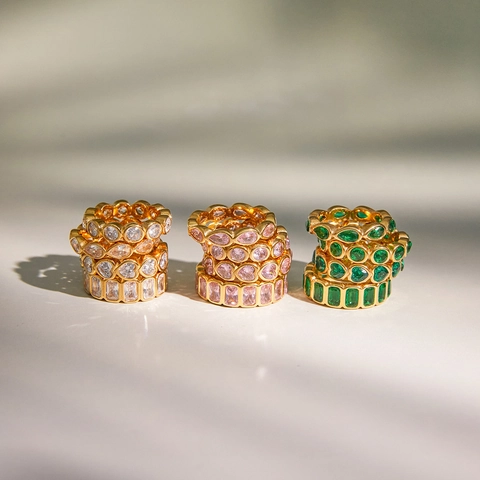 Vintage Luxury Stainless Steel Gold Plated Zirconia Ring Pink Green Geometric Heart Waterdrop Eternity Band For Women Jewelry