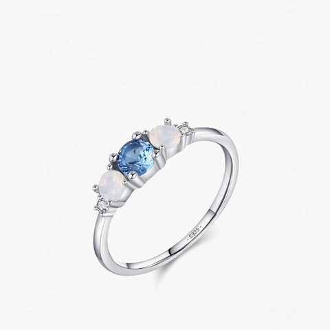 Anello In Argento Sterling 925 Per Donna Cristallo Blu Opale Bianco Rotondo Gioielli Eleganti In Zircone