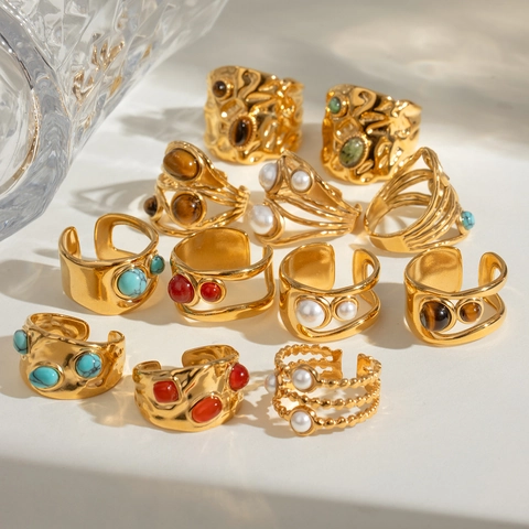 Vintage Bohemian Stainless Steel Adjustable Rings Turquoise Artificial Pearl Tiger Eye Hammered Texture Waterproof For Women