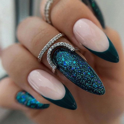Unghie Finte Verde Scuro Francese Glitter Mandorla Stiletto Lunga Lucido Plastica ABS Accessorio Manicure Per Donne