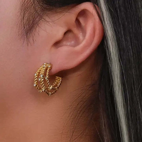 C-Shaped Hoop Earrings For Women Stainless Steel 18K Gold Plated Twisted Rope Texture Inlaid Zircon High-End Elegant