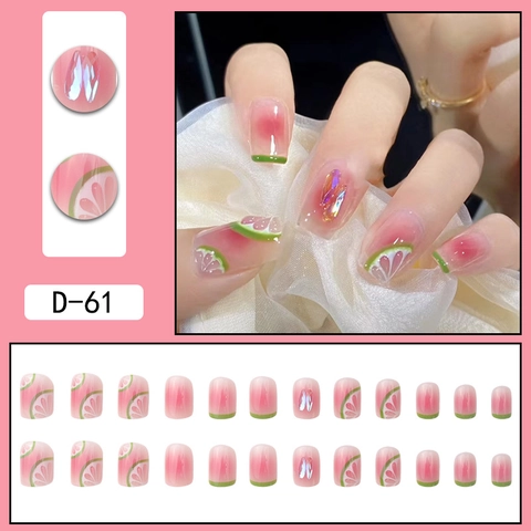 Uñas Postizas Francesas Tema Sandía Lima Relieve Fruta Aurora Diamantes Cuadrado Redondo Reutilizable Artificial