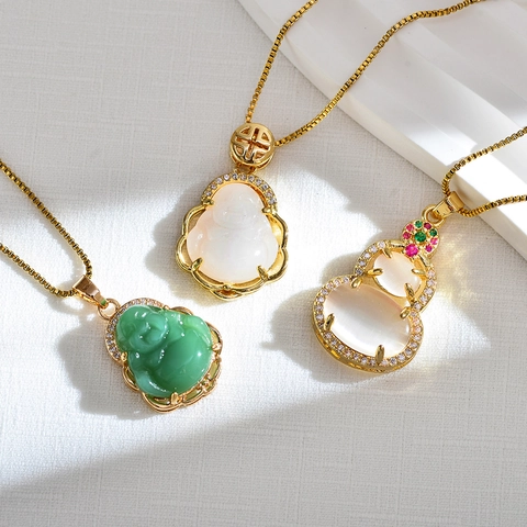 Laughing Buddha Wu Lou Gourd Anhänger Halskette Kupfer Vergoldet Katzenauge Chalzedon Zirkon Schmuck Für Damen