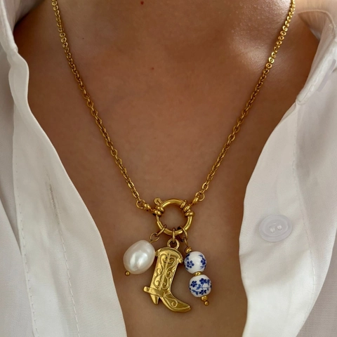 Collier Pendentif Botte Western Rétro Acier Inoxydable Plaqué Or 18K Perle D'Eau Douce Perles En Céramique Porcelaine