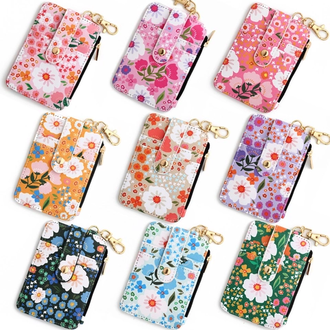 Floral Print PU Leather Card Holder Wallet With Zipper Pocket ID Window Metal Keychain Hook Slim For Women