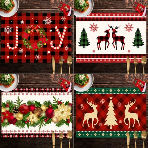 Manteles Individuales De Navidad Impermeables Algodón Lino Resistentes Al Calor Reno Cuadros Copo De Nieve Decoración De Mesa Lavables