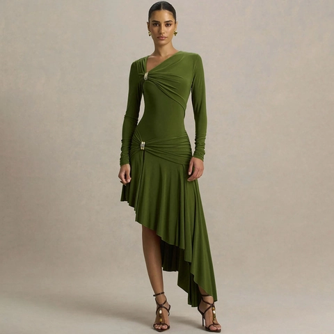 Sexy Nauwaansluitende Maxi Jurk Met Eén Schouder Voor Dames Elastisch Satijn Geplooid Lange Mouwen Asymmetrische Zoom