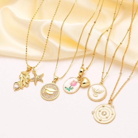 Elegant 18K Gold Plated Copper Pendant Necklace For Women Zircon Heart Mermaid Graduation Cap Enamel Tulip Jewelry Gift