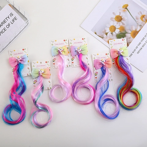Kids Girls Unicorn Bow Hair Clip With Long Wavy Rainbow Gradient Synthetic Wig Extension Colorful Princess Hair Accessory