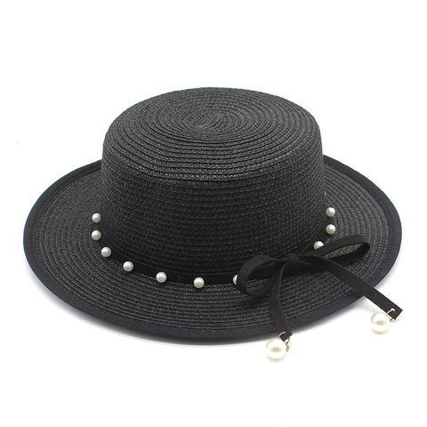 Cappello Boater Da Donna Retro Francese In Paglia Intrecciata Con Fiocco Di Künstliche Perle Estate Protezione Solare Spiaggia