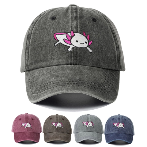 Washed Cotton Baseball Cap With Cute Axolotl Embroidery Breathable Outdoor Sunshade Hat For Men And Women Casual