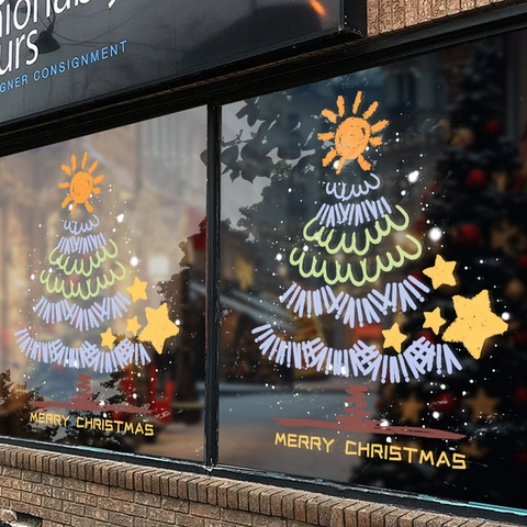 Christmas Tree Window Sticker PVC Static Adsorption Hand Drawn Style Merry Christmas Glass Decoration