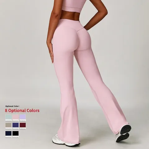 Yoga Schlaghose Damen Hoher Bund V-Kreuz Taille Nylon Spandex Fitness Leggings Bootcut Sporthose Training