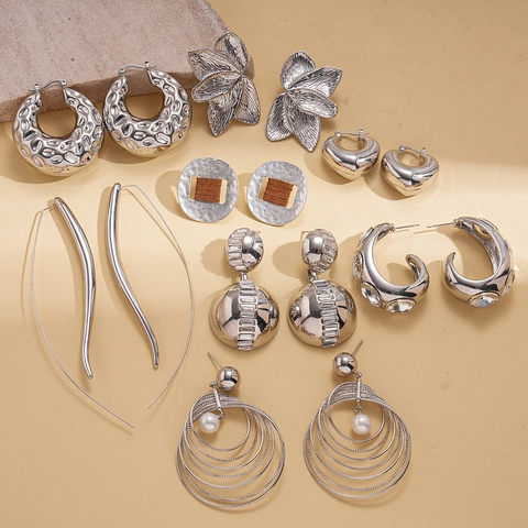 Geometric Earrings Silver Tone Alloy Crystal Artificial Pearl Hammered Metal Oversized Fashion Jewelry For Women With Silver Earring Post