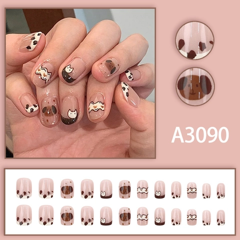 Short Square Round Press On Nails Plastic Cartoon Dog Cat Cow Pattern Nude Pink Cute French Style False Nails For Women