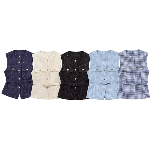 Women Elegant Tweed Vest With Belt Sequin Textured Sleeveless Cardigan Waistcoat Vintage Round Neck Top For Ladies Fashion