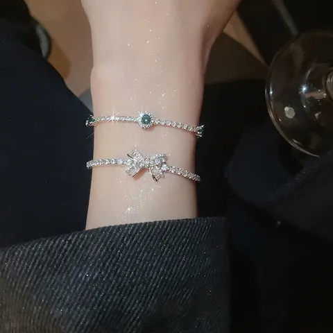 French Bow Knot Zircon Bracelet And Green Gemstone Tennis Chain Adjustable Copper Jewelry For Women Wedding Anniversary Elegant