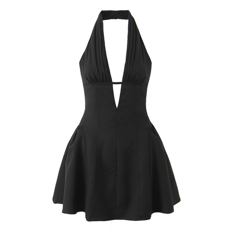 Halfter Hals Mini Kleid Für Frauen Tiefer V Rückenfrei Sexy Spitze Patchwork Plissee A-Linie Swing Saum Vintage Polyester