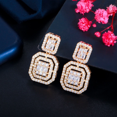 Orecchini Pendenti Ottagonali Geometrici In Rame Micro Pavè Zirconia Con Perno In Argento Gioielli Di Lusso Da Donna